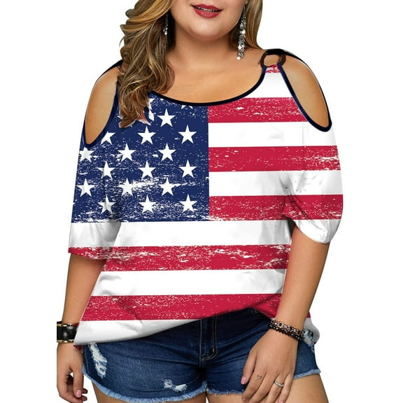 KimSoong Women Plus Size Cold Shoulder American Flag T-Shirt 4th of July Tee USA Flag Print Shirt Patriotic Tee Tops