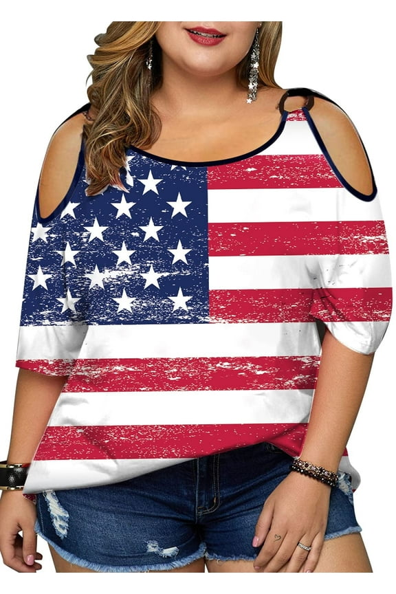 Women Plus Size Cold Shoulder American Flag T-Shirt 4th of July Tee USA Flag Print Shirt Patriotic Tee Tops