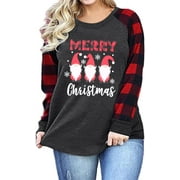 KIMSOONG Women Plus Size Christmas Shirt Gnomes Plaid Graphic Casual Long Sleeve Crew Neck Top