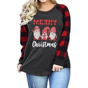 KIMSOONG Women Plus Size Christmas Shirt Gnomes Plaid Graphic Casual Long Sleeve Crew Neck Top