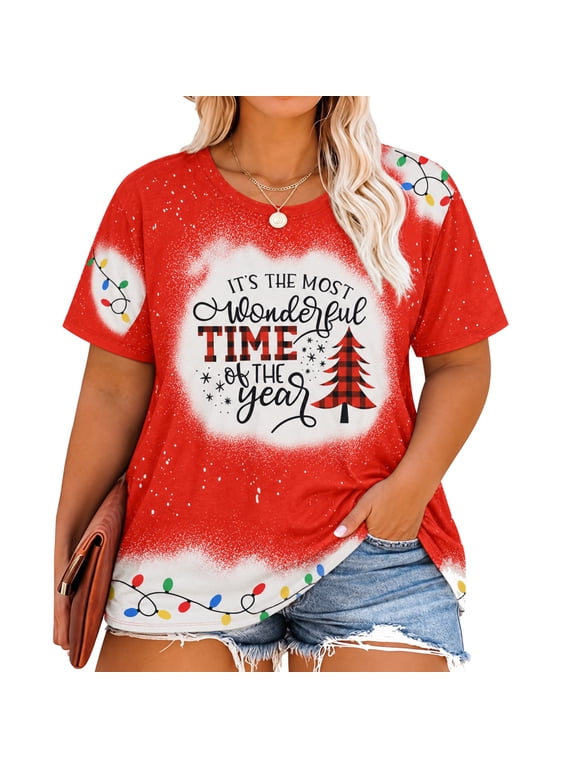Women Merry Christmas Shirt Plus Size Christmas Shirts for Xmas Buffalo Plaid Tree T-Shirt Oversized Graphic Tee
