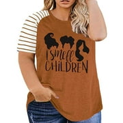 KimSoong Womens Plus Size Halloween Squad Shirt Hocus Pocus Striped T-Shirt Casual Graphic Short Sleeves Top Tees