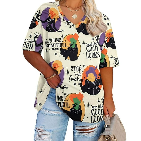 KimSoong Women Plus Size Halloween Shirt Clowns Graphic I Smell Children Letter Print Tees Loose V Neck Short Sleeve Tops