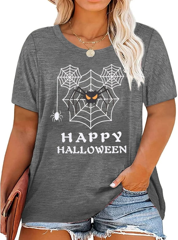 Women Plus Size Halloween Shirt Funny Spider Web Graphic Tee Casual Fall Short Sleeve T-Shirt