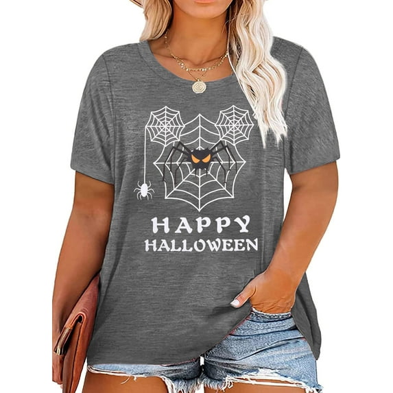 KimSoong Women Plus Size Halloween Shirt Funny Spider Web Graphic Tee Casual Fall Short Sleeve T-Shirt