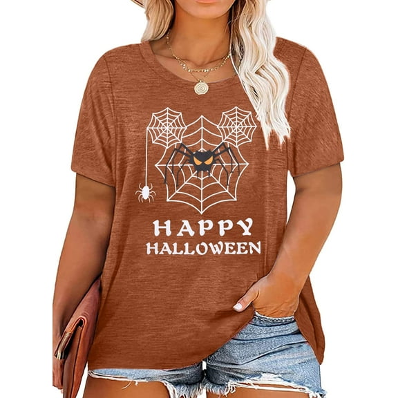 KimSoong Women Plus Size Halloween Shirt Funny Spider Web Graphic Tee Casual Fall Short Sleeve T-Shirt