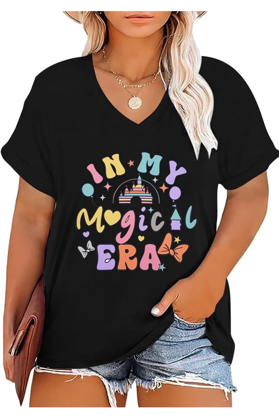 Plus Size Magic Kingdom Shirts for Women Castle Graphic T-Shirt Cute Holiday Shirt Princess Tee Funny Vacation Tops