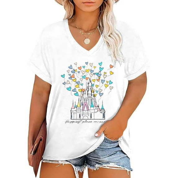 KimSoong Plus Size Magic Kingdom Shirts for Women Castle Graphic T-Shirt Cute Holiday Shirt Princess Tee Funny Vacation Tops