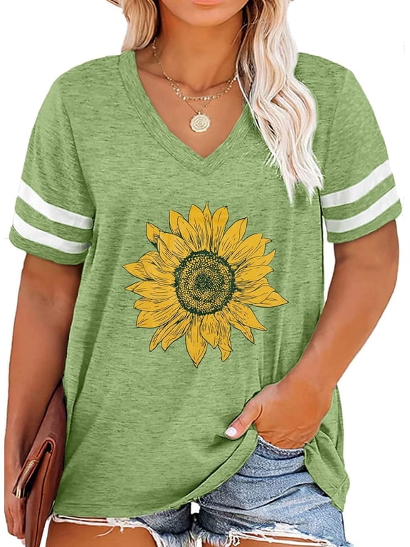 Plus Size Sunflower Shirts for Women Cute Dandelion Graphics T-shirt Summer Women Short Sleeve Inspirational Tee Tops
