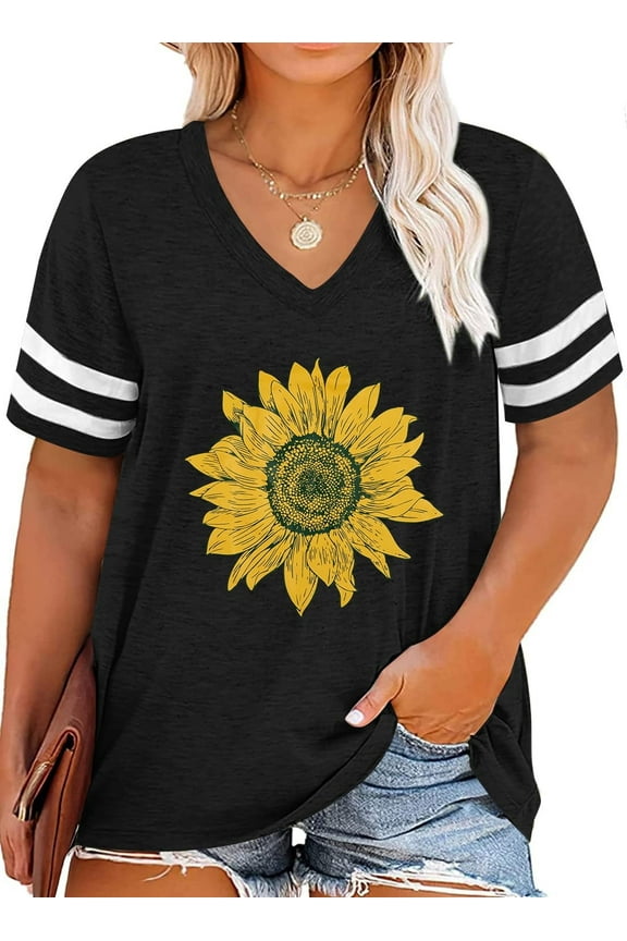 Plus Size Sunflower Shirts for Women Cute Dandelion Graphics T-shirt Summer Women Short Sleeve Inspirational Tee Tops
