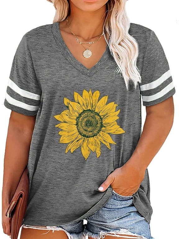 Plus Size Sunflower Shirts for Women Cute Dandelion Graphics T-shirt Summer Women Short Sleeve Inspirational Tee Tops