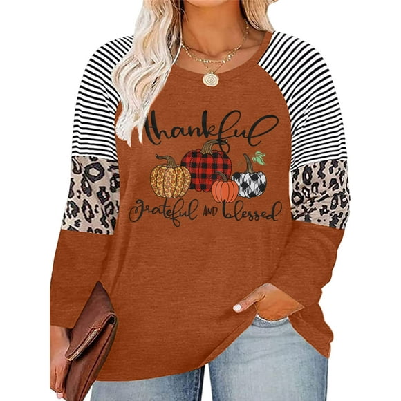 Plus Size Thanksgiving Shirts Thankful Grateful Blessed Shirt Women Pumpkin Long Sleeve Raglan Tops Leopard Plaid Graphic Fall Tee