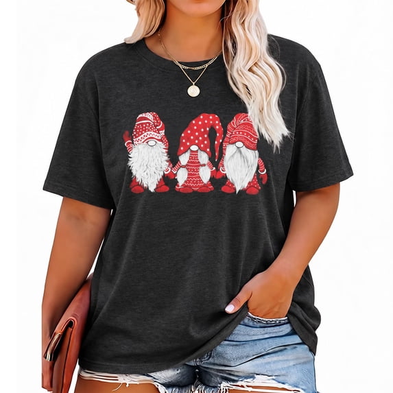 KimSoong Women Christmas Shirt Plus Size Three Little Gnomes Santa Graphic Tees Casual Short Sleeve Tops