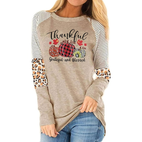 KimSoong Thanksgiving Shirts Thankful Grateful Blessed Shirt Women Pumpkin Long Sleeve Raglan Tops Plaid Graphic Fall Tee