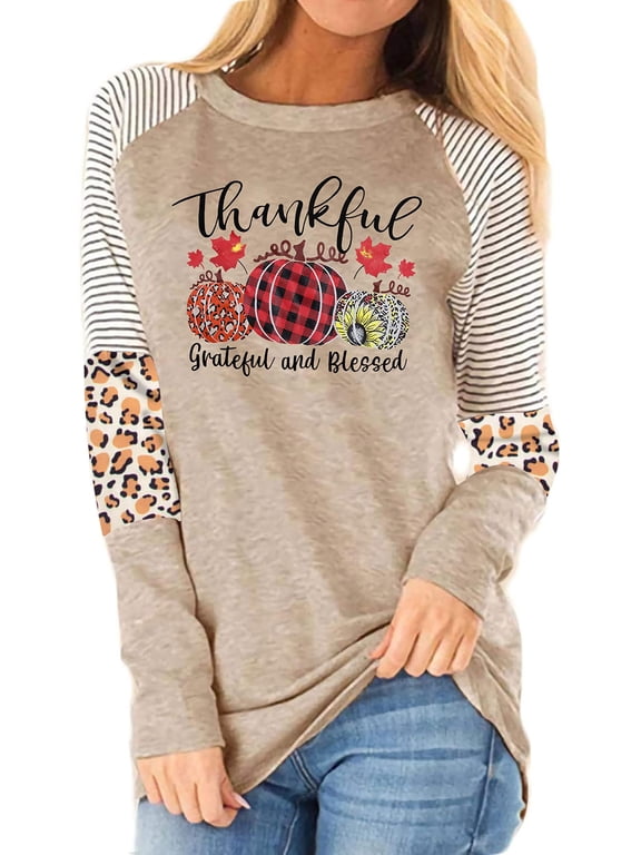 Thanksgiving Shirts Thankful Grateful Blessed Shirt Women Pumpkin Long Sleeve Raglan Tops Plaid Graphic Fall Tee