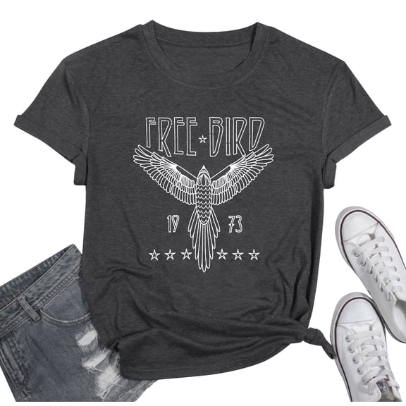KimSoong Woman Vintage Rock Band T-Shirt Retro Bird Shirt Eagle Graphic Tees Retro Music Shirt Casual Short Sleeve Tops,Gray