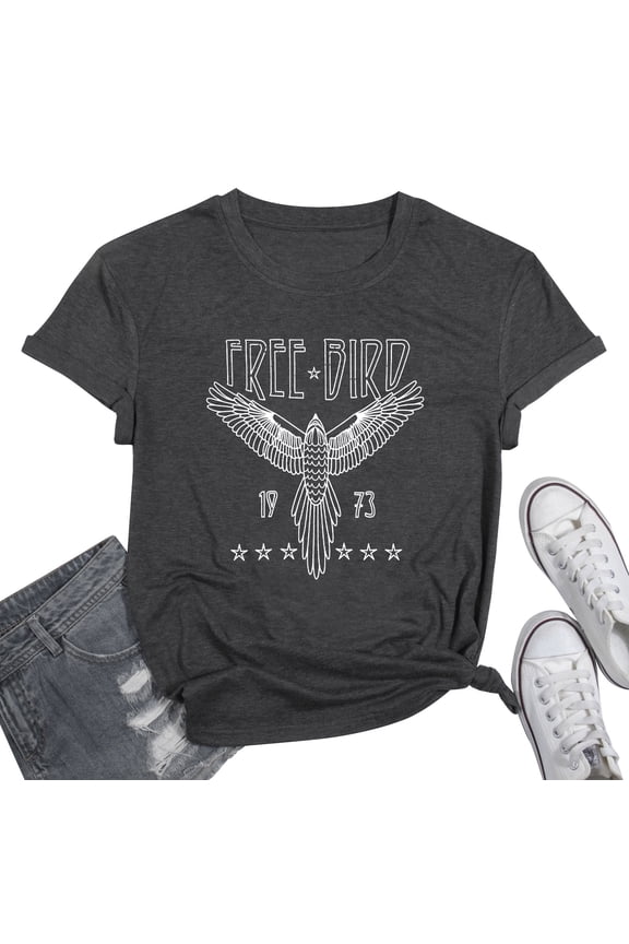 Woman Vintage Rock Band T-Shirt Retro Bird Shirt Eagle Graphic Tees Retro Music Shirt Casual Short Sleeve Tops,Gray