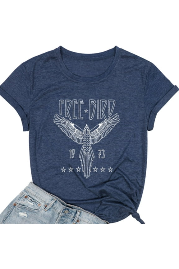 Woman Vintage Rock Band T-Shirt Retro Bird Shirt Eagle Graphic Tees Retro Music Shirt Casual Short Sleeve Tops, Blue