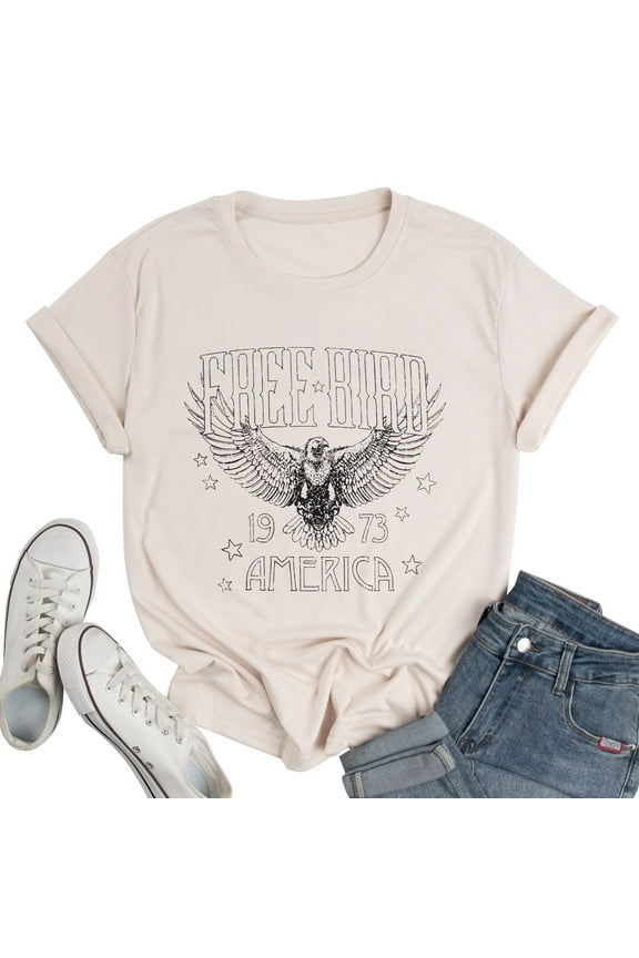 Woman Vintage Rock Band T-Shirt Retro Bird Shirt Eagle Graphic Tees Retro Music Shirt Casual Short Sleeve Tops, Apricot