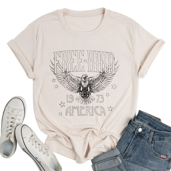 KimSoong Woman Vintage Rock Band T-Shirt Retro Bird Shirt Eagle Graphic Tees Retro Music Shirt Casual Short Sleeve Tops, Apricot