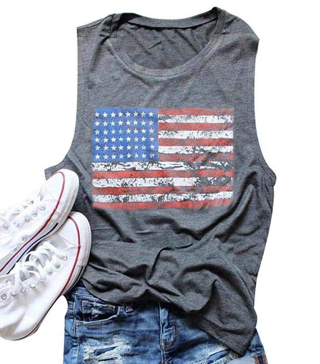 KimSoong Women American Flag Tank Tops USA Stars Stripes Graphic Independence Day Patriotic Shirt Summer Loose Vest Tees
