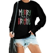 KIMSOONG Women Christmas Sweatshirt Merry Bright Graphic Print Long Sleeve Shirts Christmas Crew Neck Pullover Casual Blouse Tops