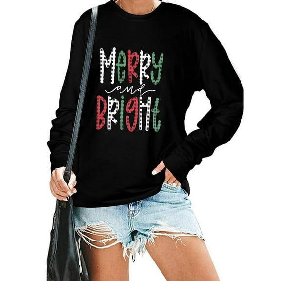 KimSoong Women Christmas Sweatshirt Merry Bright Graphic Print Long Sleeve Shirts Christmas Crew Neck Pullover Casual Blouse Tops