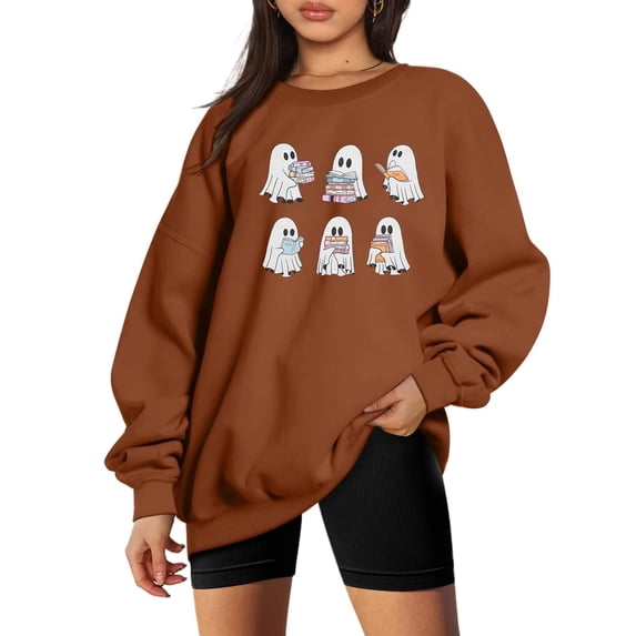 KimSoong Women Halloween Sweatshirt Ghost Reading Books Graphic Sweater Cute Spooky Bookish Shirt Fall Pullover Tops