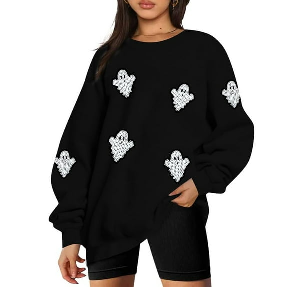 KimSoong Women Halloween Sweatshirt Oversized Sequin Ghost Shirts Spooky Season Halloween Sweater Crew Neck Fall Pullover Tops