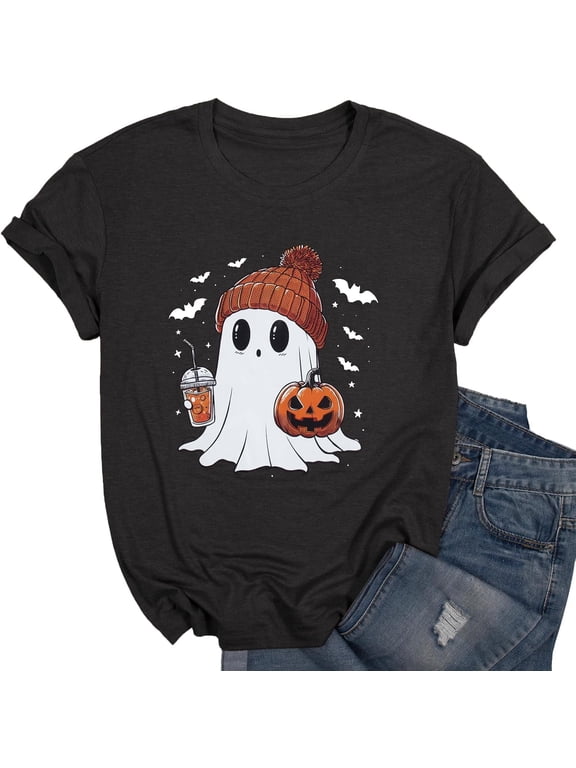 Women Halloween T-Shirt Cute Ghost Fall Pumpkin Graphic Shirt Coffee Lover Tees Short Sleeve Tops