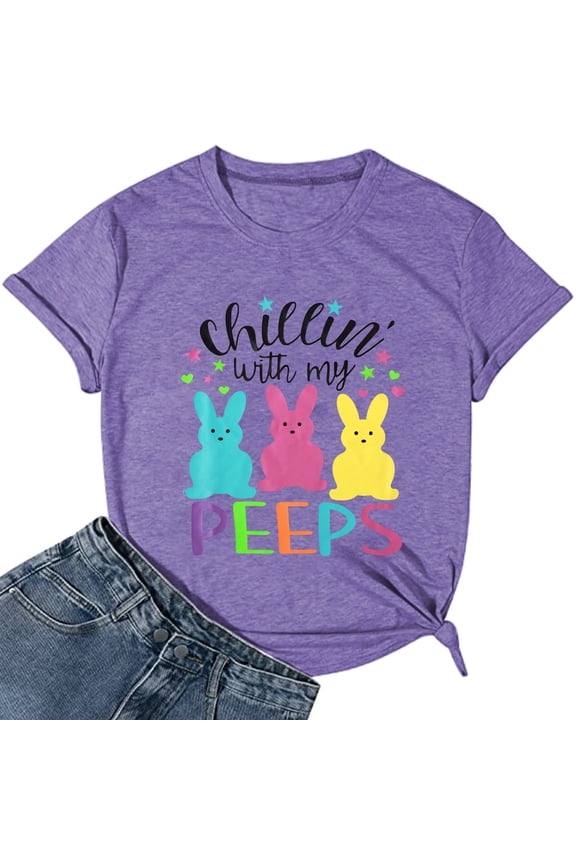 Women Happy Easter Shirt Chillin with My Peeps Tee Shirt Cute Rabbit Graphic T-Shirt Easter Gift Tee Tops