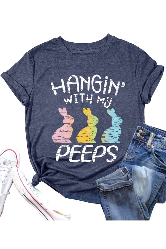 Women Happy Easter Shirts Hanging with My Peeps Shirt Cute Bunny Graphic Letter Printed Top