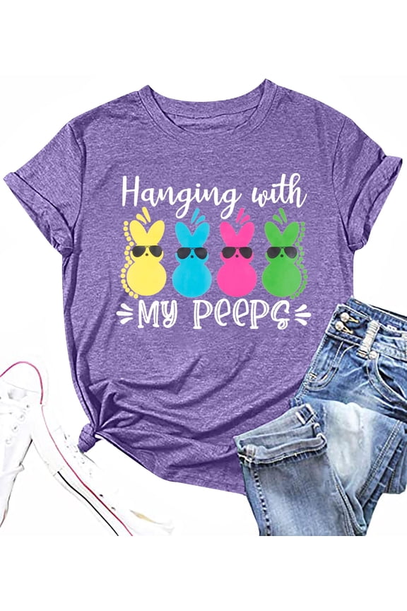 Women Happy Easter Shirts Hanging with My Peeps Shirt Cute Bunny Rabbit Graphic Letter Printed Top