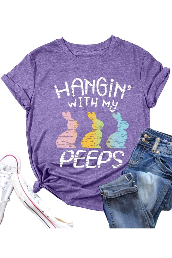 Women Happy Easter Shirts Hanging with My Peeps Shirt Cute Bunny Rabbit Graphic Letter Printed Top