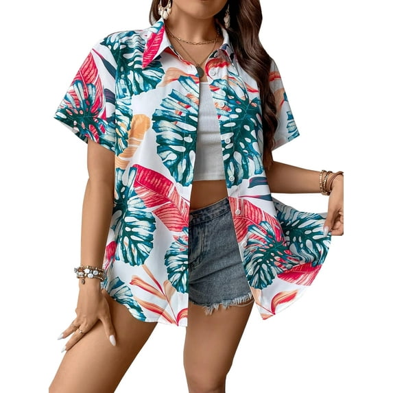 KimSoong Hawaiian Shirts for Women Soft Cool Summer Hawaiian Shirt Floral Tropic Print Tees V Neck Button Up Short Sleeve Top