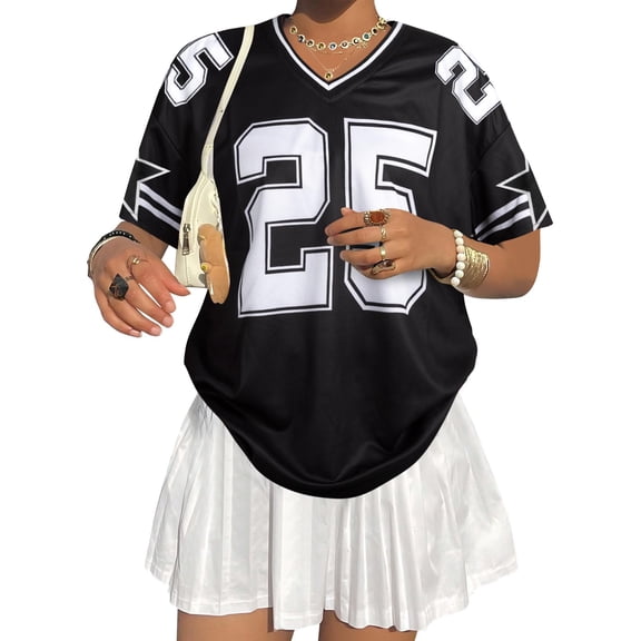 KimSoong Women Jersey Shirt Y2k Graphic Tees V Neck Baggy Streetwear Number Oversized T-shirt Summer Tops, Black