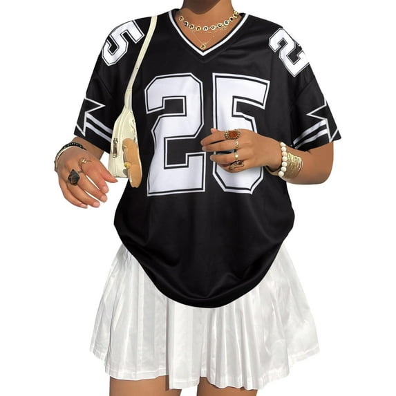 KimSoong Women Jersey Shirt Y2k Graphic Tees V Neck Baggy Streetwear Number Oversized T-shirt Summer Tops, Black