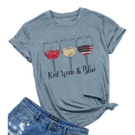 KimSoong Women Patriotic Shirts Red White and Blue Shirts American Flag Shirt 4th of July Tops Funny Wine Glass Graphic Tees