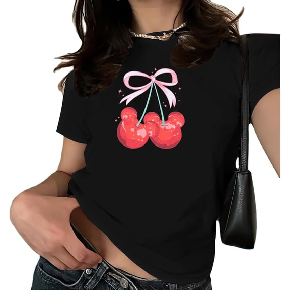 KimSoong Women's Pink Bow Cherries T-Shirt Coquette Baby Cute Graphic Tee Top