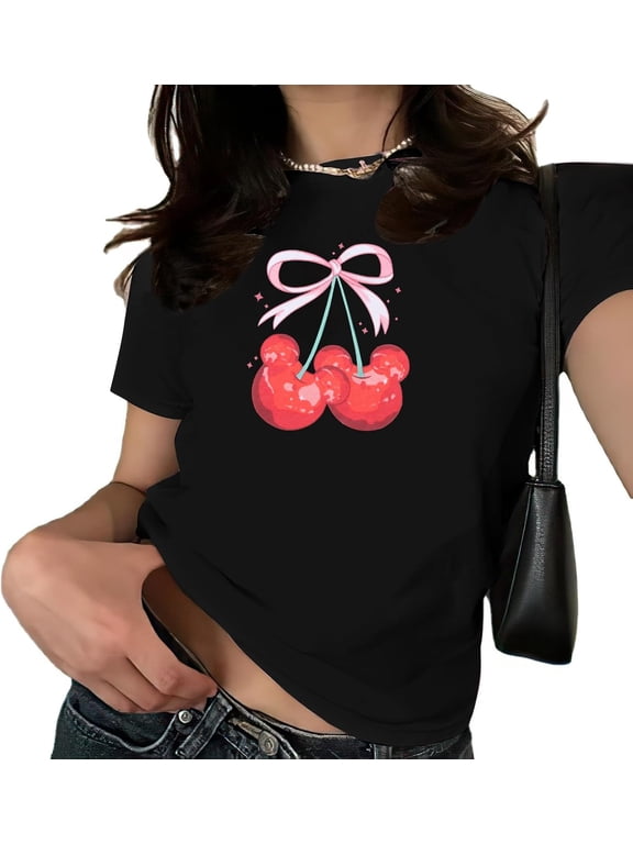 Women's Pink Bow Cherries T-Shirt Coquette Baby Cute Graphic Tee Top