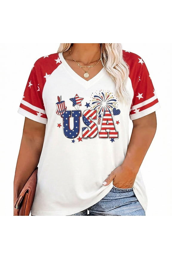 Women Plus Size American Flag Shirt USA Stars T-Shirt 4th of July Memorial Tee Patriotic Sequin American Proud Tops