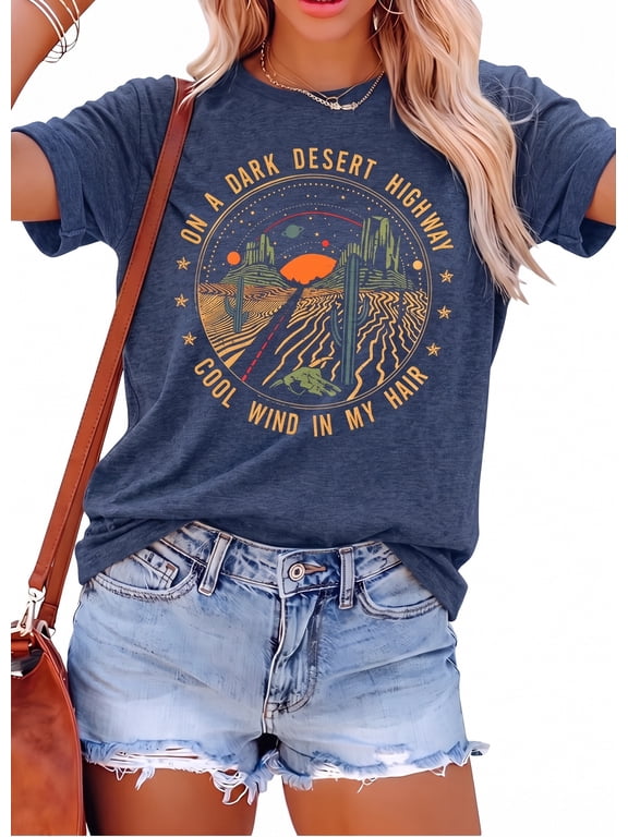 Women Retro Desert Highway T-Shirt Adventure Shirts Funny Nature Graphic Tee Casual Short Sleeve Tee Tops
