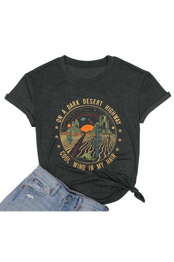Women Retro Desert Highway T-Shirt Adventure Shirts Funny Nature Graphic Tee Casual Short Sleeve Tee Tops