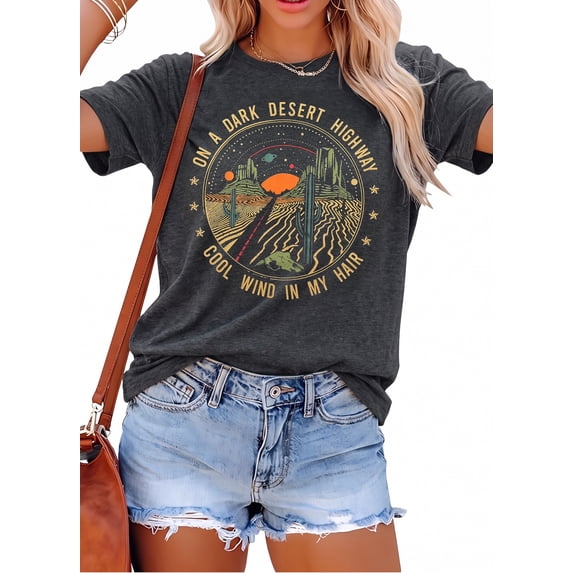 KimSoong Women Retro Desert Highway T-Shirt Adventure Shirts Funny Nature Graphic Tee Casual Short Sleeve Tee Tops