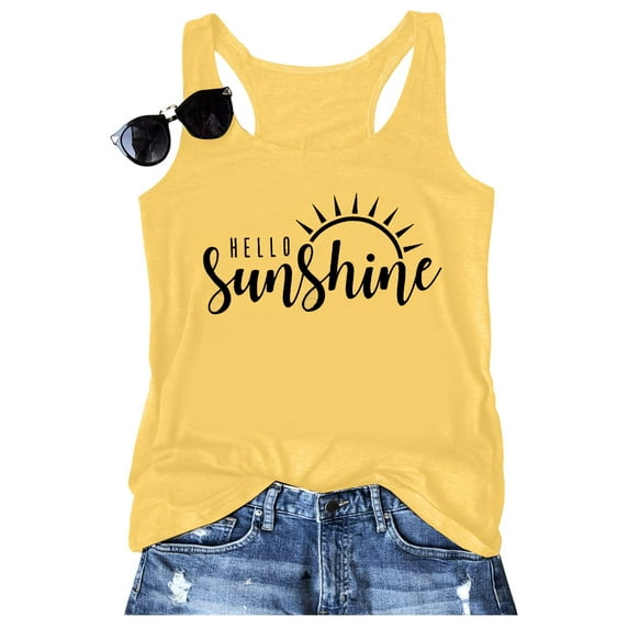 KimSoong Women Summer Sleeveless Tank Tops Hello Sunshine Letter Print Casual Loose Vest Vacation Shirt