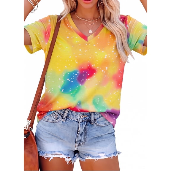 KimSoong Women Tie Dye V-Neck Shirts Summer Vintage Tunic Tops Fashion Casual Swing Short Sleeve Shirts Blouse Soft Tee