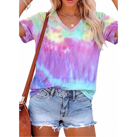 KimSoong Women Tie Dye V-Neck Shirts Summer Vintage Tunic Tops Fashion Casual Swing Short Sleeve Shirts Blouse Soft Tee