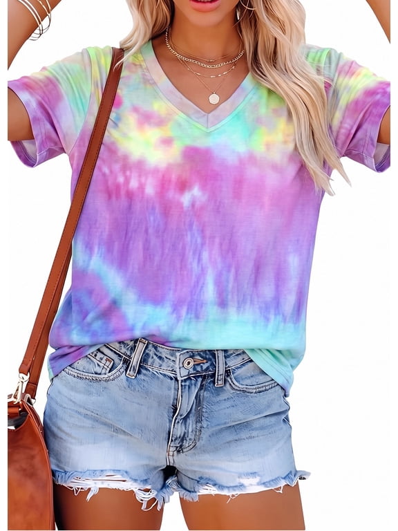 Women Tie Dye V-Neck Shirts Summer Vintage Tunic Tops Fashion Casual Swing Short Sleeve Shirts Blouse Soft Tee