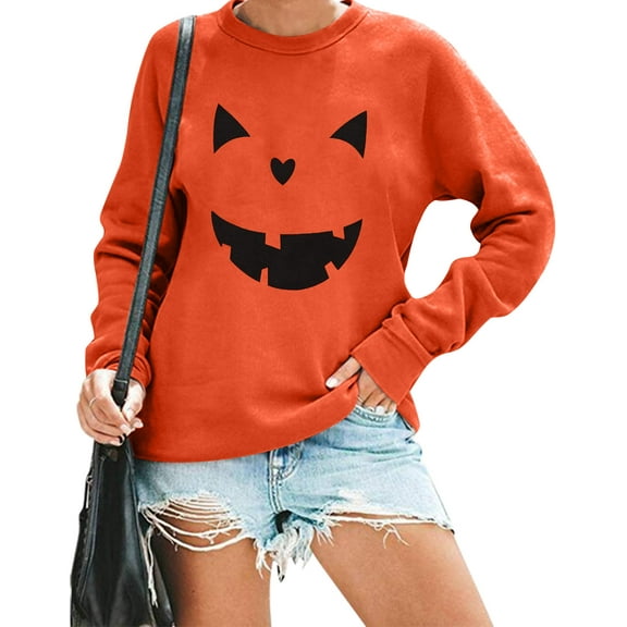 KimSoong Women Halloween Pumpkin Face Graphic Long Sleeve Sweatshirts Lightweight Casual Pullover Tops