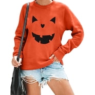 KimSoong Women's Halloween Pumpkin Face Graphic Long Sleeve Sweatshirts Lightweight Casual Pullover Tops